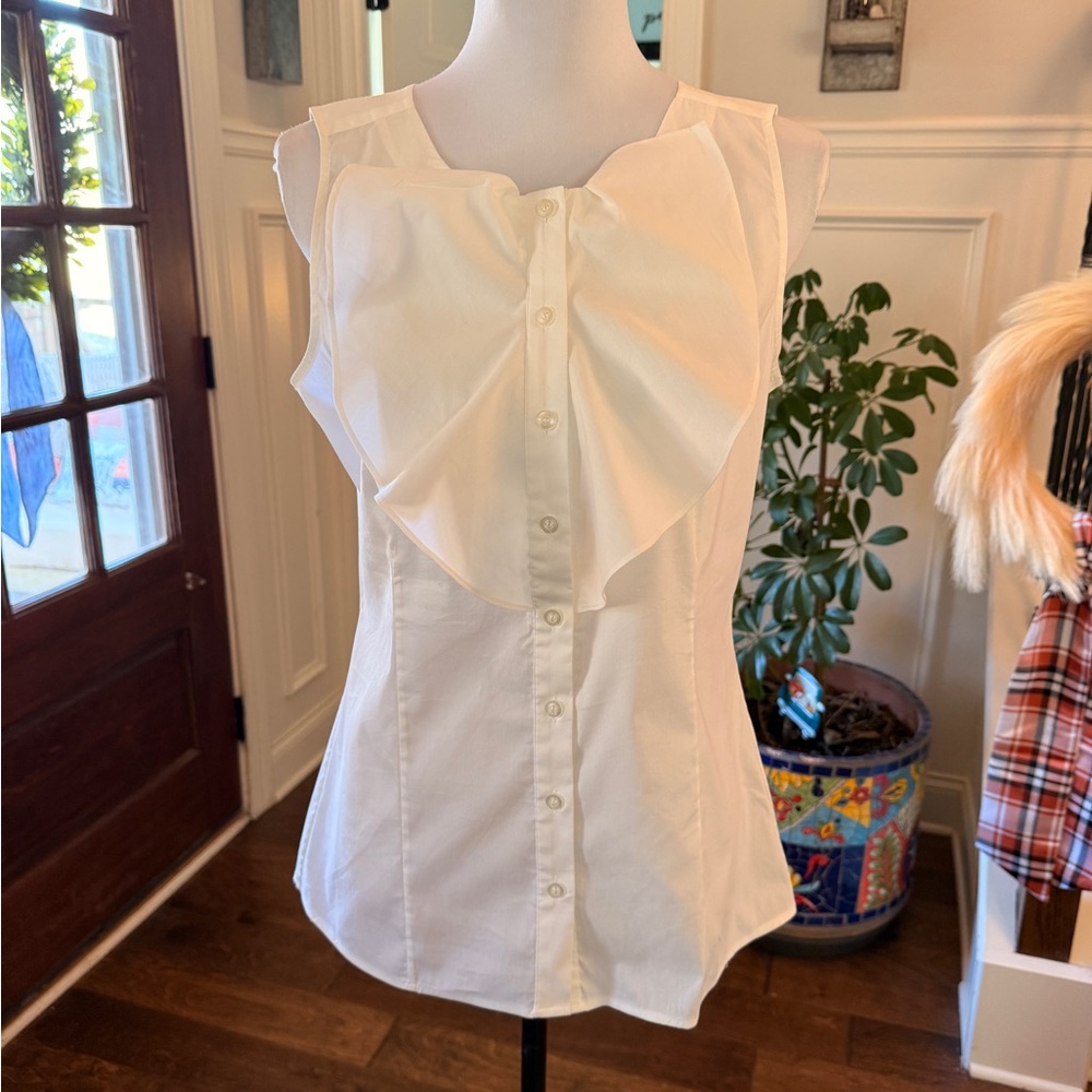 Club Monaco NWOT Stretch White Ruffle Front Button-Down Blouse